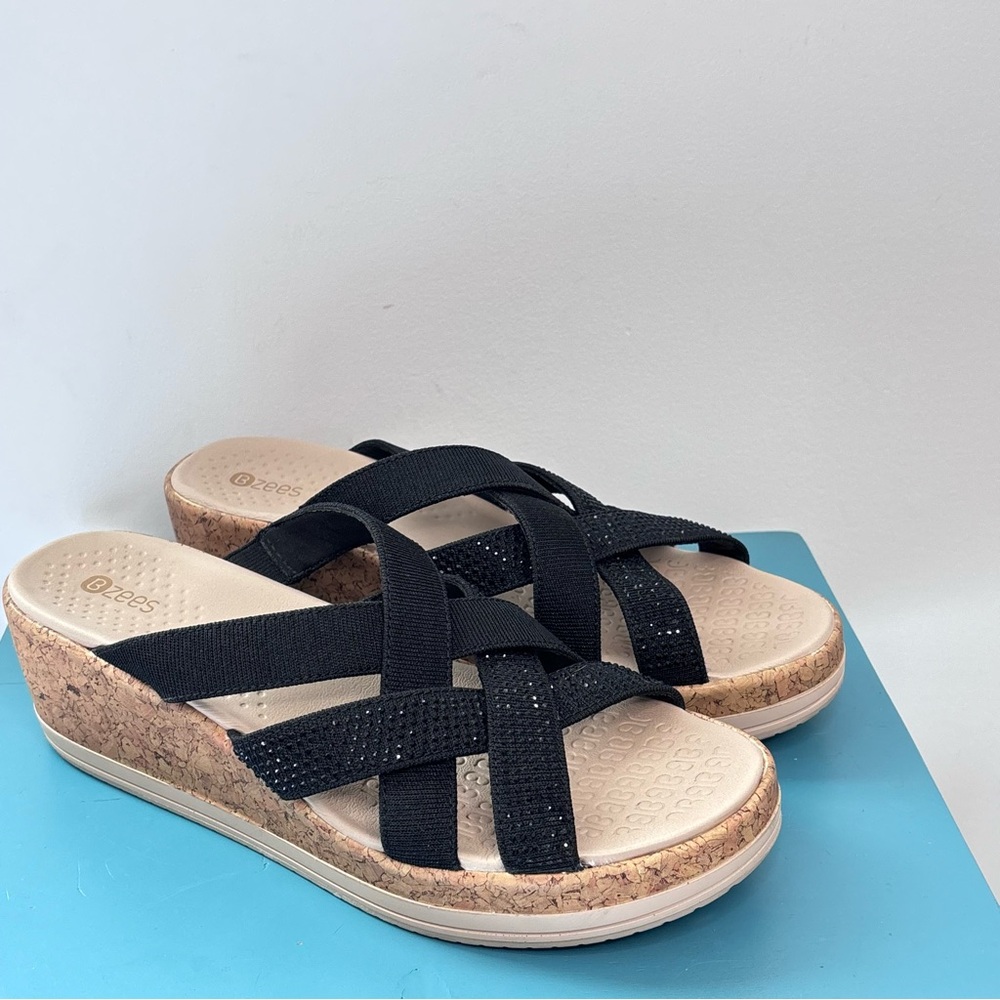 Bzees Black Cork Wedge Sandals Women's Size 10M Neutral Comfortable